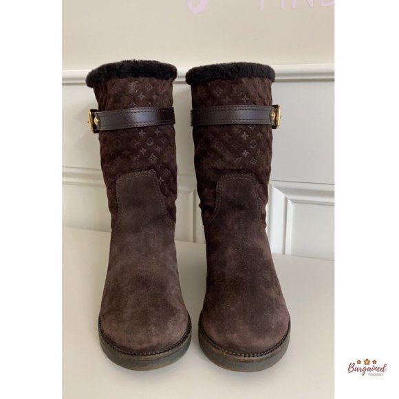 Authentic LOUIS VUITTON Dark Brown Suede Shearling Monogram Boots Size 36/6 - Picture 14 of 15